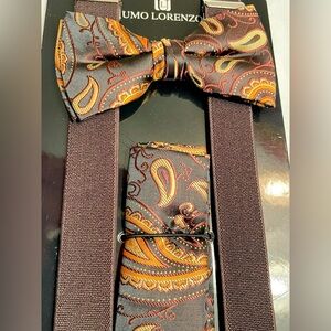Men's Paisley Suspenders and Self-Tied Bow Tie with Pocket Square Hanky Set